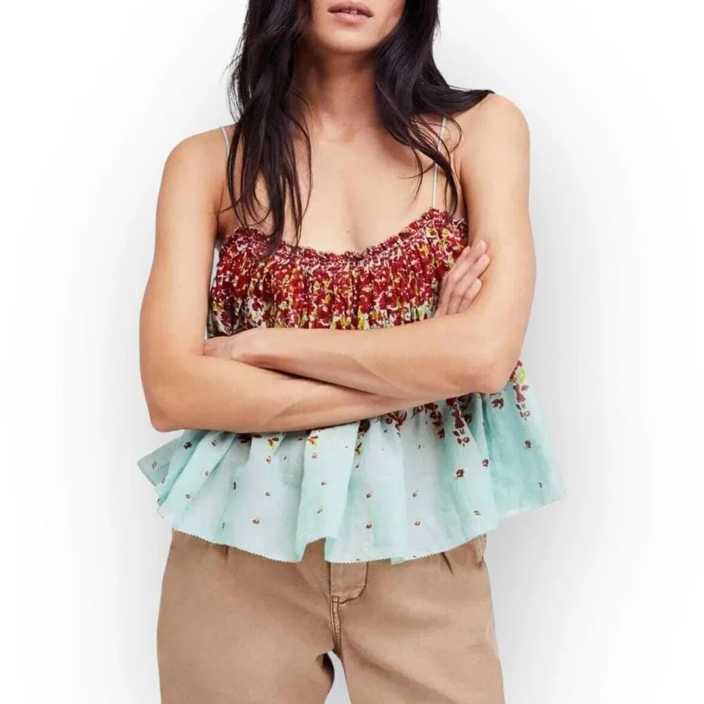 Free People L2146 Turquoise Instant Crush Printed Top Women's Size Large NEW